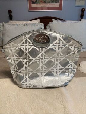 Silver Geometric Pattern Tote Bag with Cutout Handles